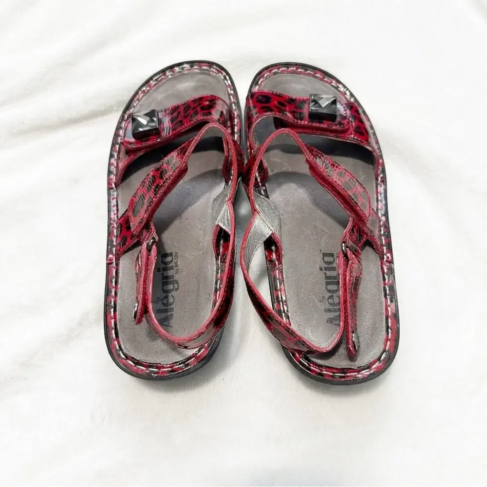 Alegria red snow leopard sandals open toe Velcro silver embellished size 37